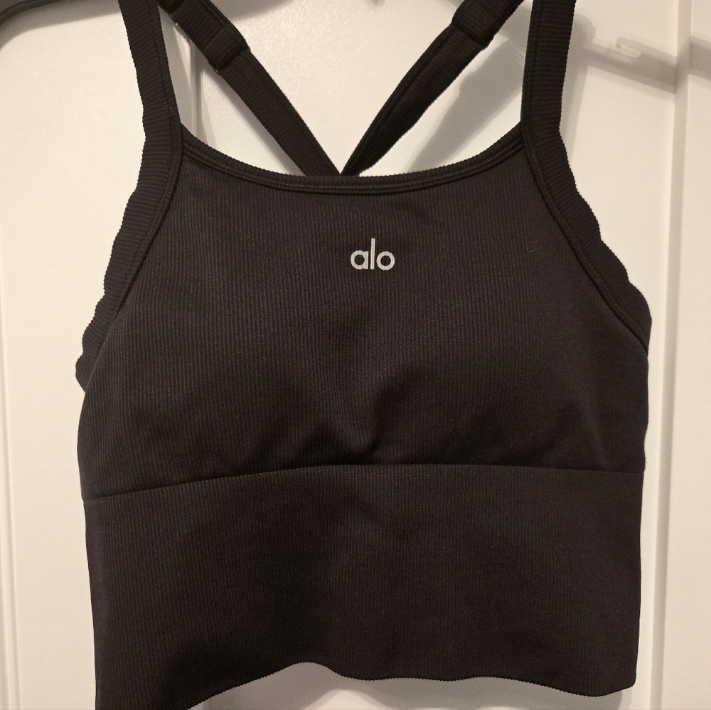 ALO Yoga Black Ribbed Crop Top and Pant Set